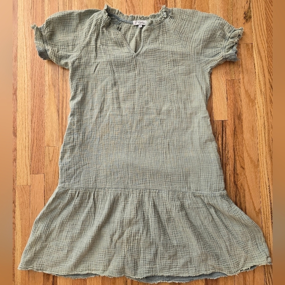 Polagram Short Puff Slv Drop Waist Knee-Length Gauze Dress Sz M Sage Green